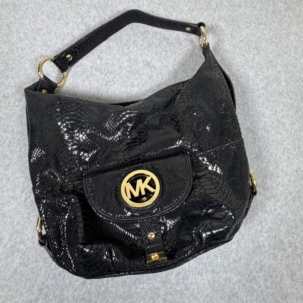 Michael Kors Fulton Hobo Shoulder Bag Black Python Snakeskin Embossed Leather